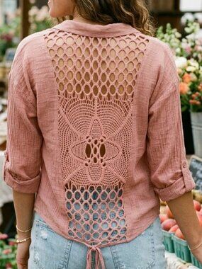Mine Women's Crochet Back Semi Sheer Top Blouse Size S Roll-up Sleeves